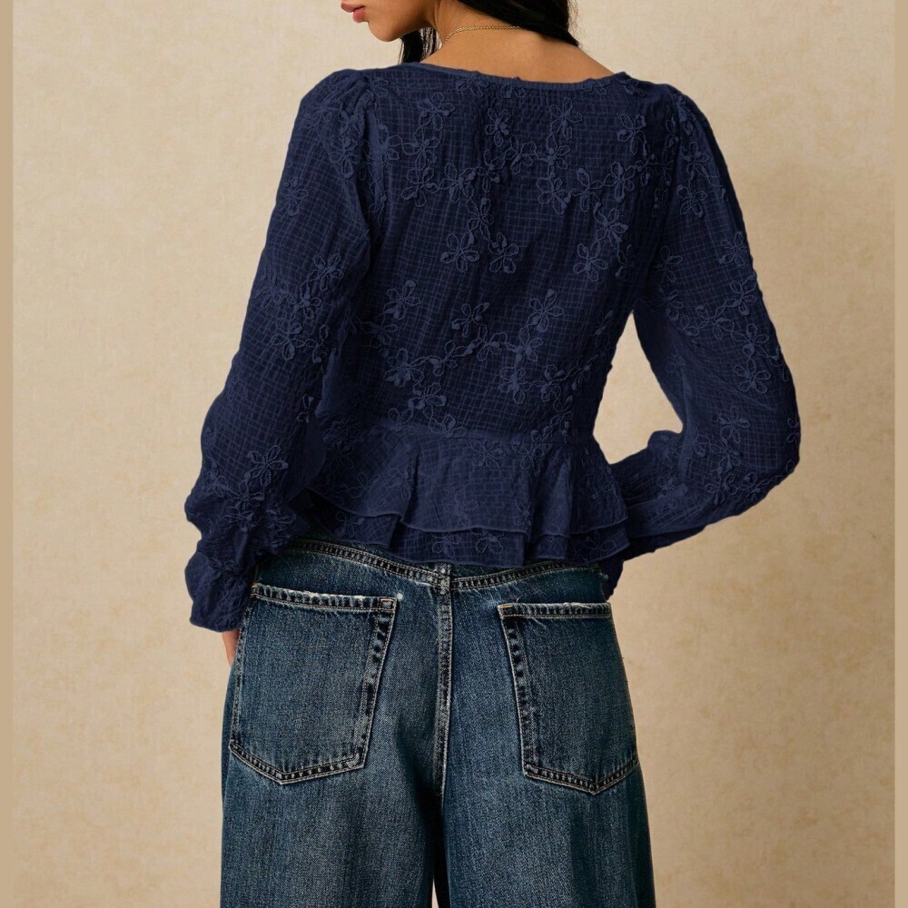 Navy Semi-sheer Embroidered Deep V-Neck Tie-Front Peplum Blouse - Picture 6 of 9